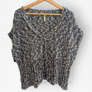 Free People Sweater Oversized Deep V Neck Short Sleeve Blue White Small